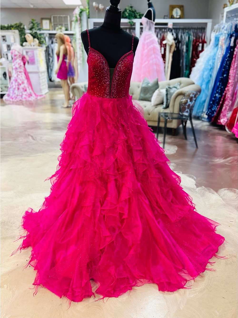 Sparkling Fuchsia Ruffled Prom Gown with Beaded Bodice